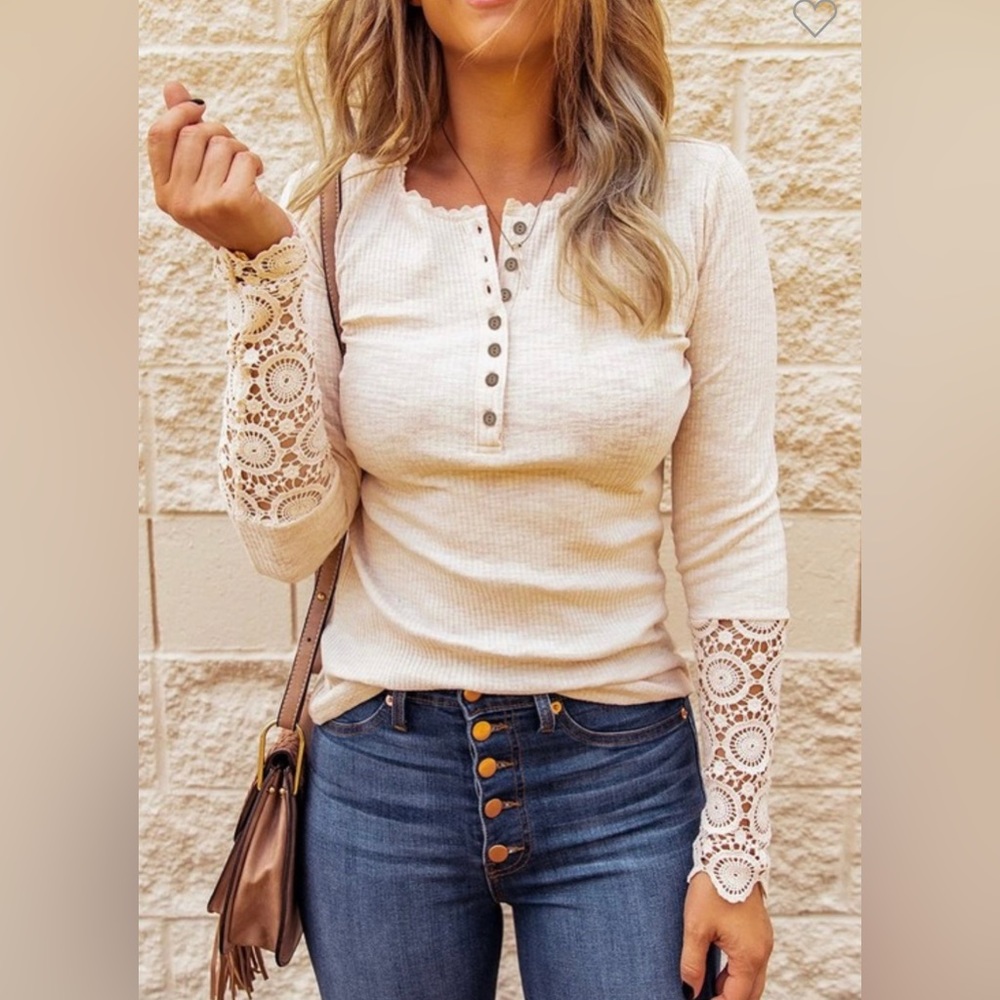 Women's Cream Lace Sleeve Henley Top
